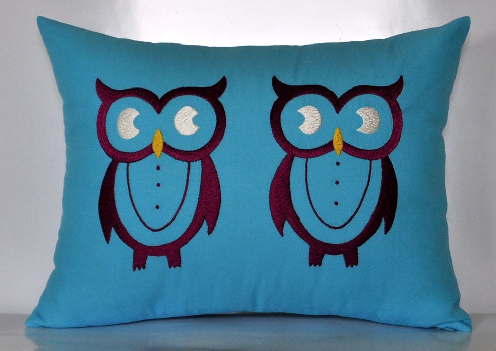 Purple Twin Owls - Throw/Lumbar Pillow Cover - 12" x 16" Linen Decorative Pillow Cover - Light Blue Linen with Deep Purple Owls Embroidery