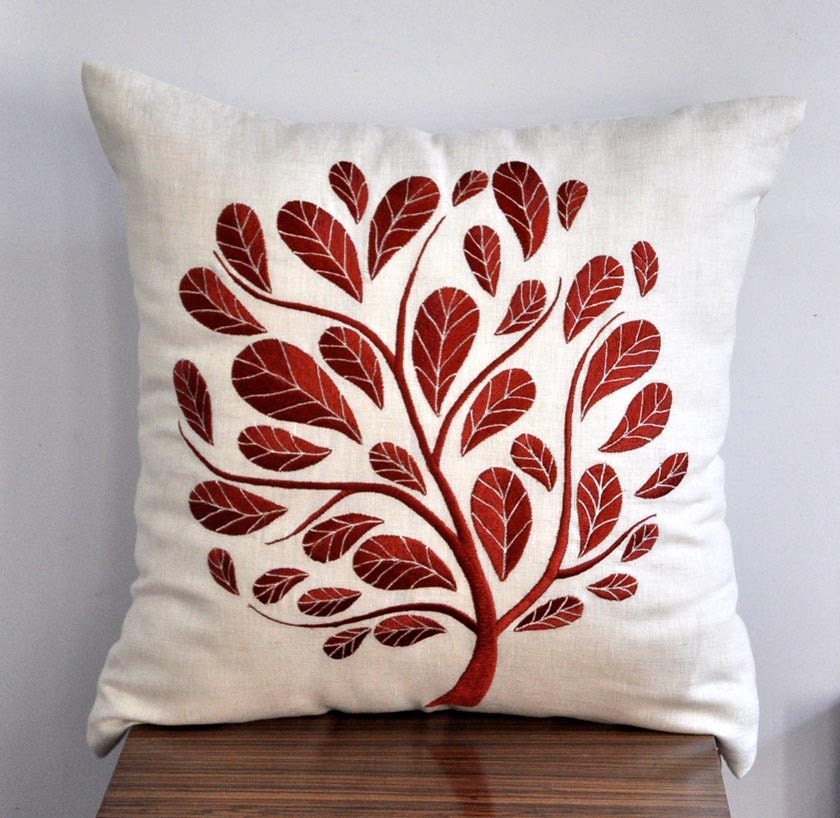 Peacock  Pillow Cover, Orange Peacock on Beige Pillow, Linen Embroidered Pillow, Decorative Throw Pillow Cover 18 x 18, Accent Pillow Orange