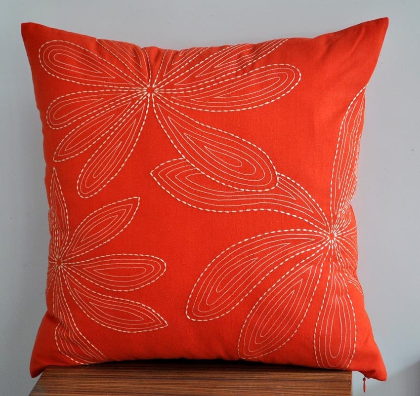 Orange Throw Pillow Cover, 18x 18 Pillow Cover, Orange Linen Beige Leaves Pillow. Accent Pillow Cover, Decorative, Cushion Cover