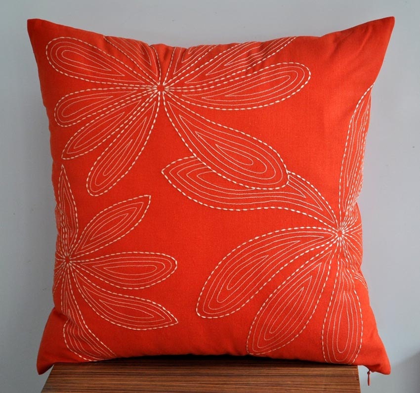 Orange Throw Pillow Cover, 18x 18 Pillow Cover, Orange Linen Beige Leaves Pillow. Accent Pillow Cover, Decorative, Cushion Cover