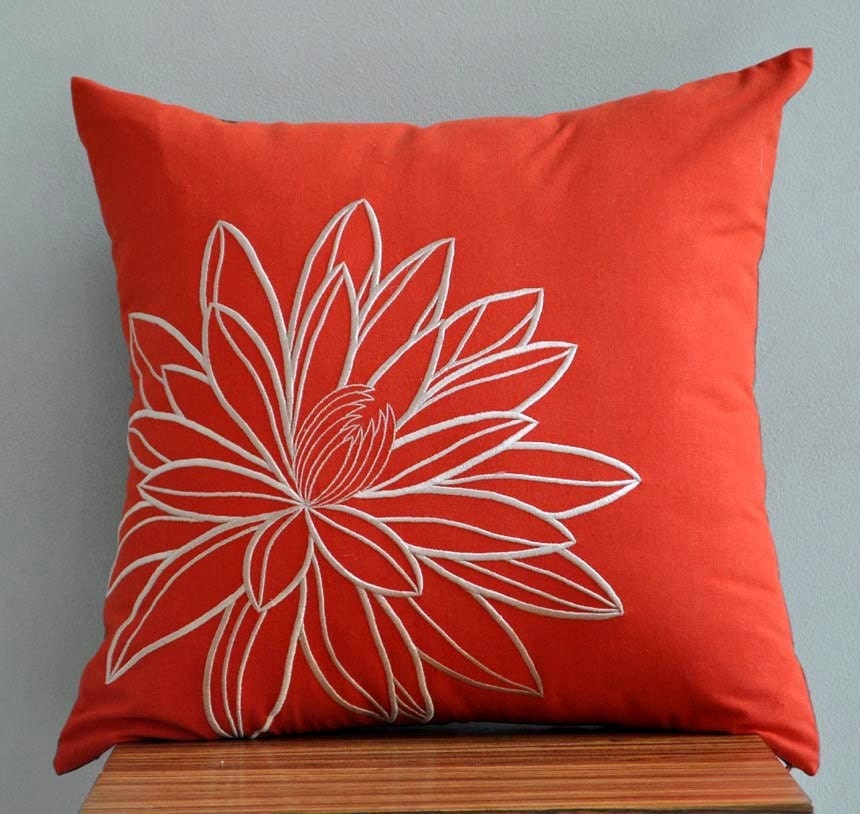 Lotus DecorativeThrow Pillow Cover, Orange Pillow Beige Lotus, Accent Pillow, Pillow Case 18x 18, Cushion Cover, Linen Pillow
