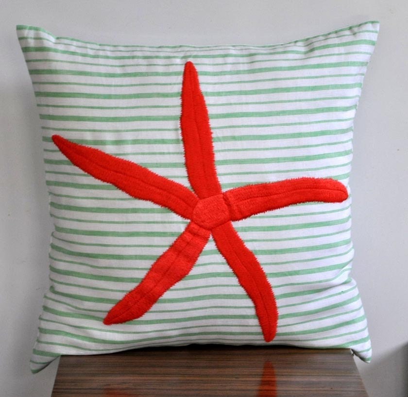 Orange Starfish- Throw Pillow Cover - 18" x 18" Linen Pillow Cover - Green and White Stripe Linen with Orange Starfish Embroidery