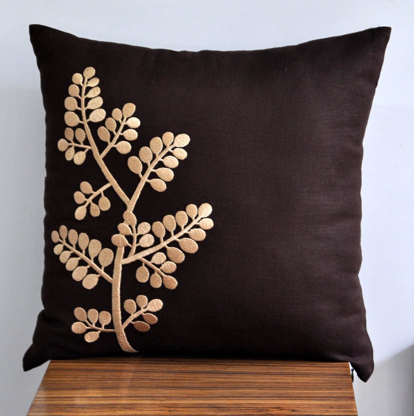 Beige Tree Branch Throw Pillow Cover, Decorative Pillow Cover, Dark Brown Linen Beige Botanical Embroidery, Brown Pillow Cover 18x18