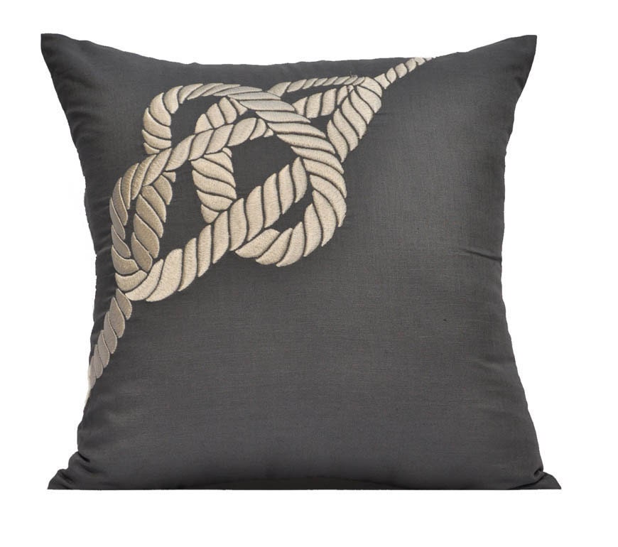 Nautical Pillow Cover, Cream Rope on Gray Pillow, Decorative Throw Pillow Cover, Linen Pillow, 18 x 18 pillow cover square, Sofa Pillow