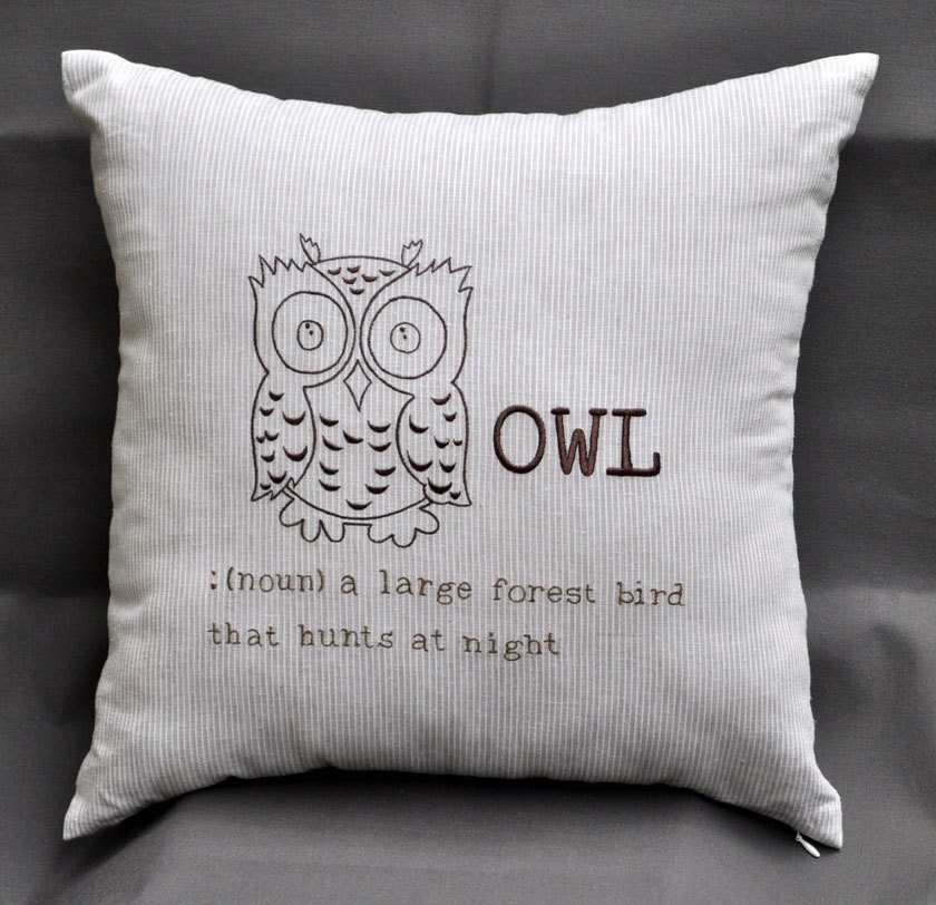 Brown Striped Pillow Cover, Owl Decorative Pillow Cover, Brown Owl Embroidery on Brown Striped Pillow, Pillow Case 18 x 18, Striped Cushion