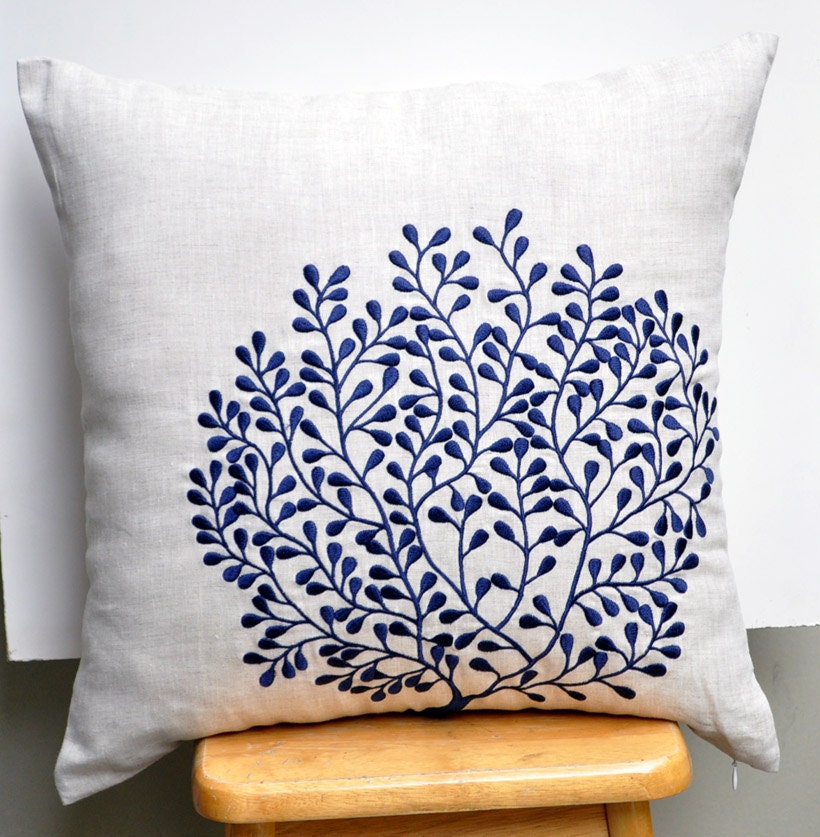 Coral Fan Throw Pillow Cover, Decorative Pillow Cover 18 x 18, Linen Pillow with Navy Blue Coral, Nautical Pillow Case, Blue Coral Cushion