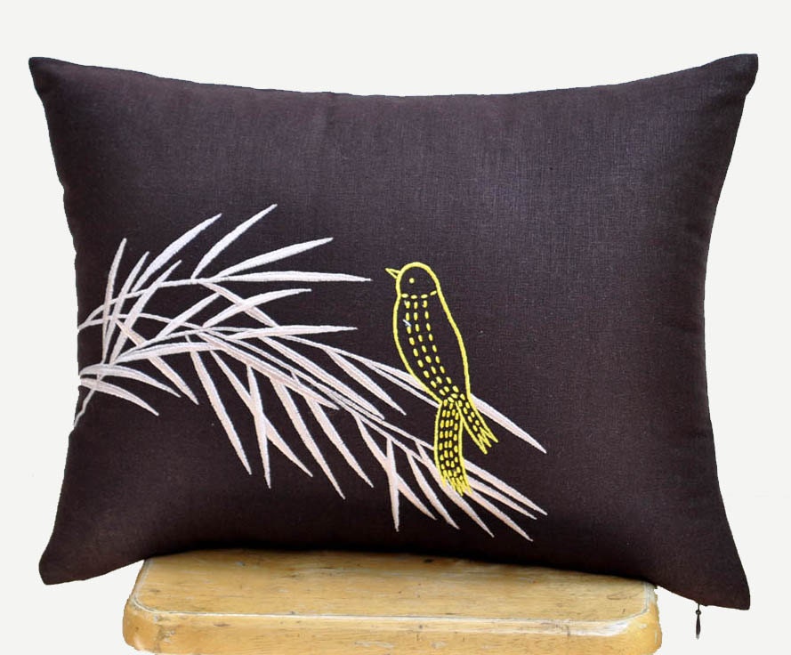 Bird on Bamboo Lumbar Pillow Cove, Decorative Pillow Cover, Dark Brown Linen with Bird Embroidery, Bird Cushion, Pillow Case 12 x 16