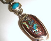 Koroit Opal in Ironstone Necklace set in Fine Silver and Sterling Silver with Chrysocolla accent stone- OOAK - Beneath the Surface