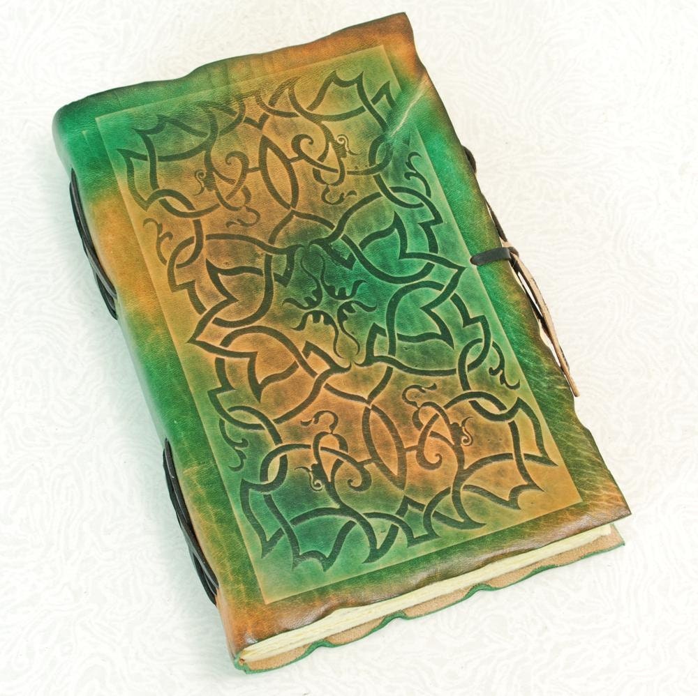 Greenish Medieval Ornament leather journal.