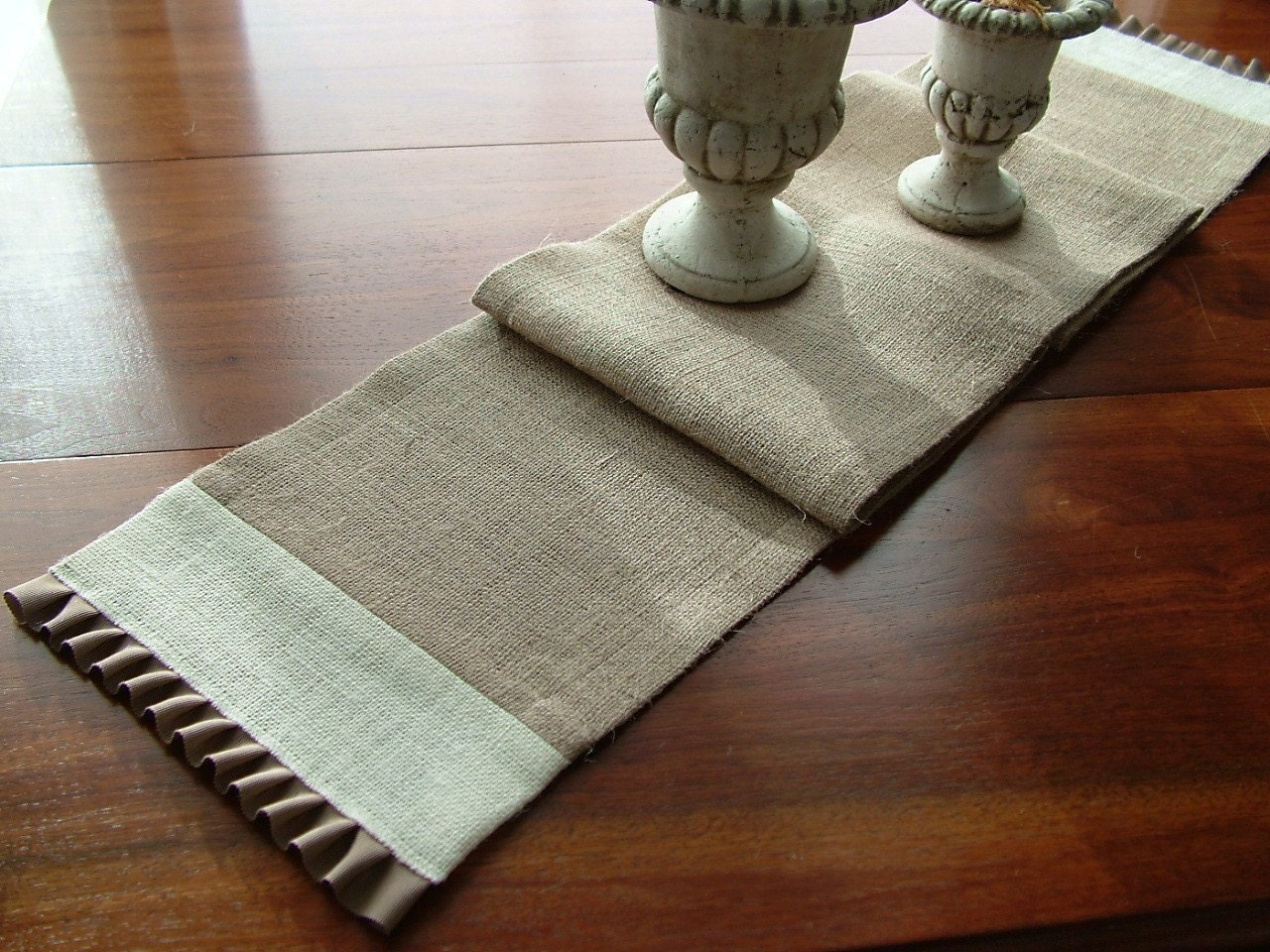 Jute Burlap Skinny Table Runner with tonal accent and pleated trim - 9.5 X 60-inches