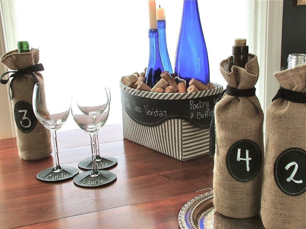 Burlap Wine Bottle Bags with Message Label - Set of 4