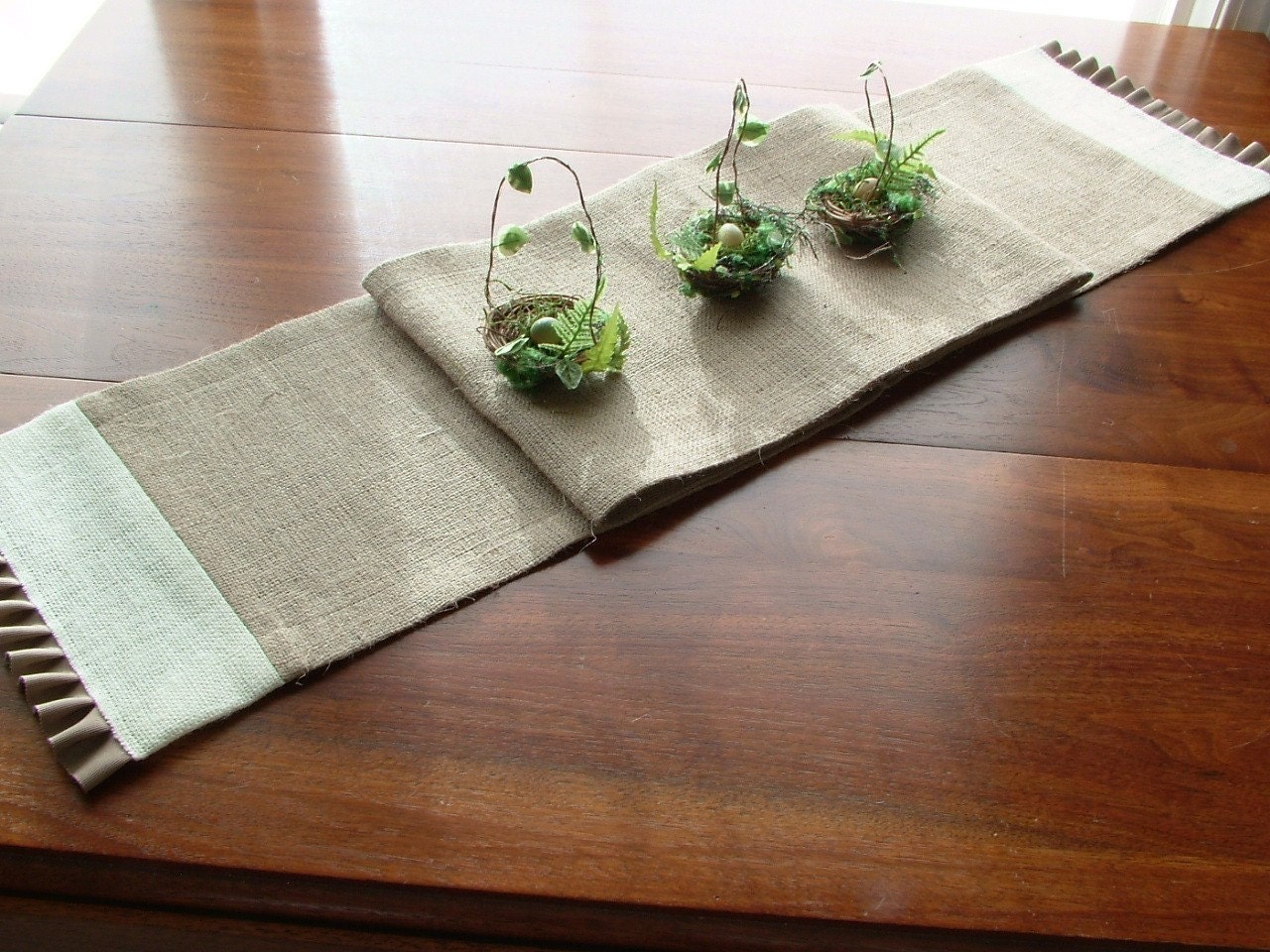 Jute Burlap Skinny Table Runner with tonal accent and pleated trim - 9.5 X 60-inches