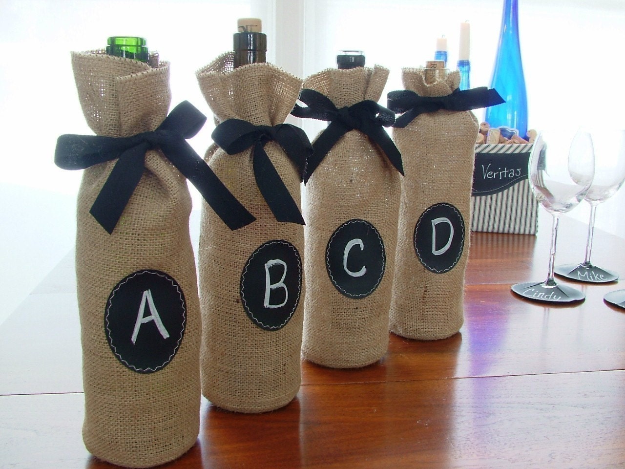 Set of 12 Burlap Wine Bottle Bags with Message Labels to use and re-use again and again