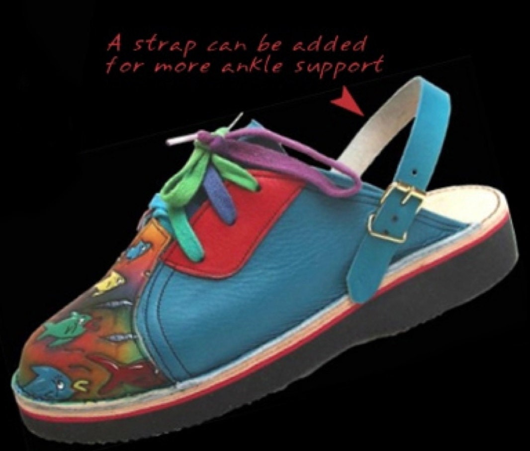 Leather Handmade Lace Sling Back Clogs Shoes - School of Fish Painted Airbrushed, Blue Red Colorful Custom Made Size 5, 6, 7, 8, 9, 10