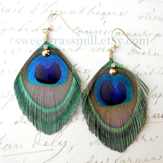 Peacock Earrings - BASIQUE Earrings - Peacock and Crystals Dangles