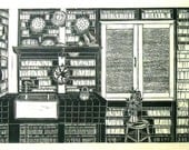A Workable Kitchen,  Black and white linoleum print. Signed in pencil by the artist
