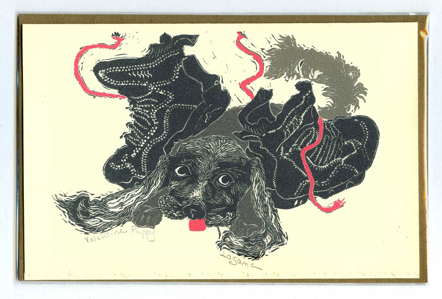 3 Lagana Greeting cards, digitalized from Lagana's linoleum block prints, "Valentine Puppy," plus 2 more of your choice