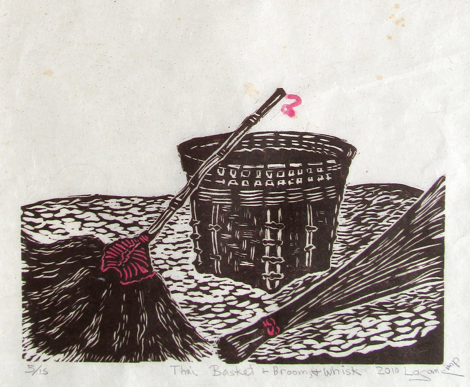Thai Basket, Broom and Whisk, limited edition, linoleum block print, printed and signed in pencil by the artist