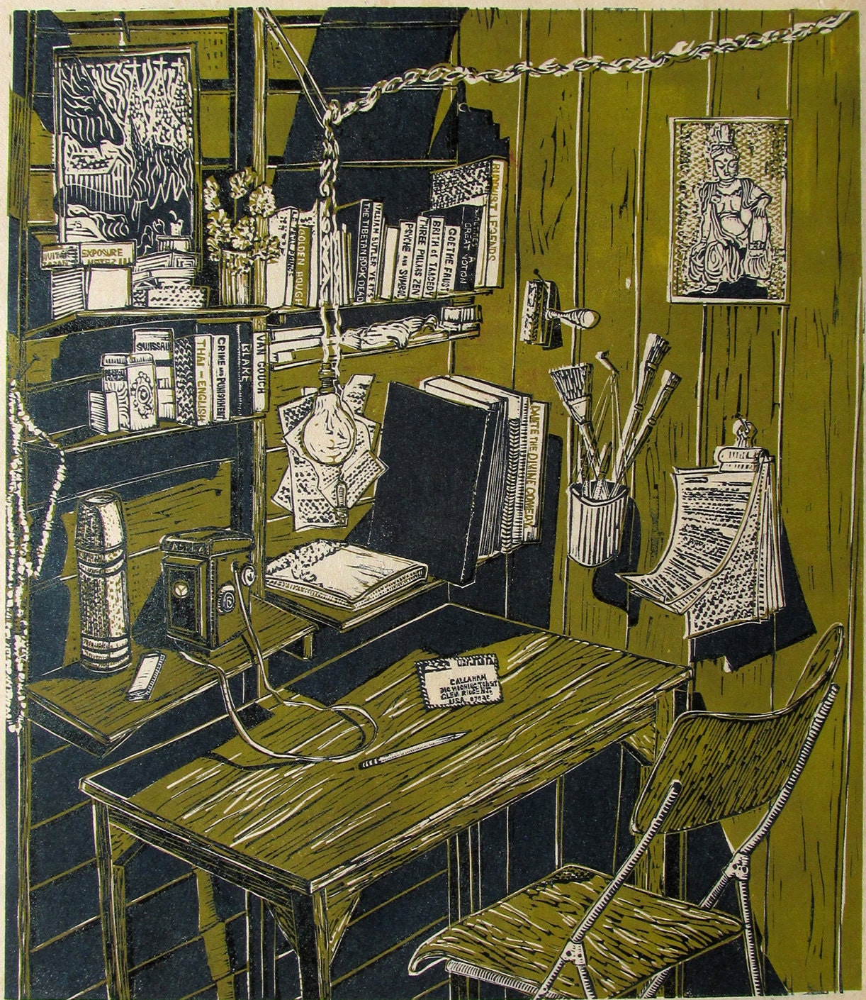Desk,  Black white and color linoleum print. Signed in pencil by the artist