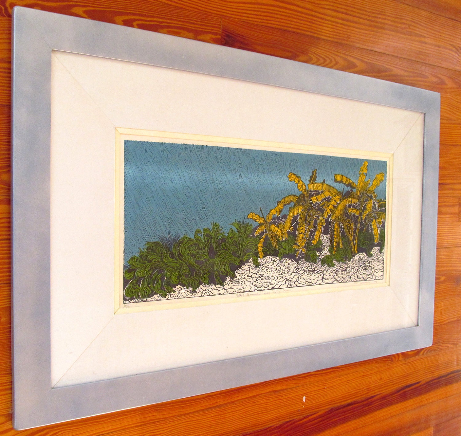 Yellow Banana Trees in the Rain, limited edition, hand printed, hand signed in pencil by artist, Framed