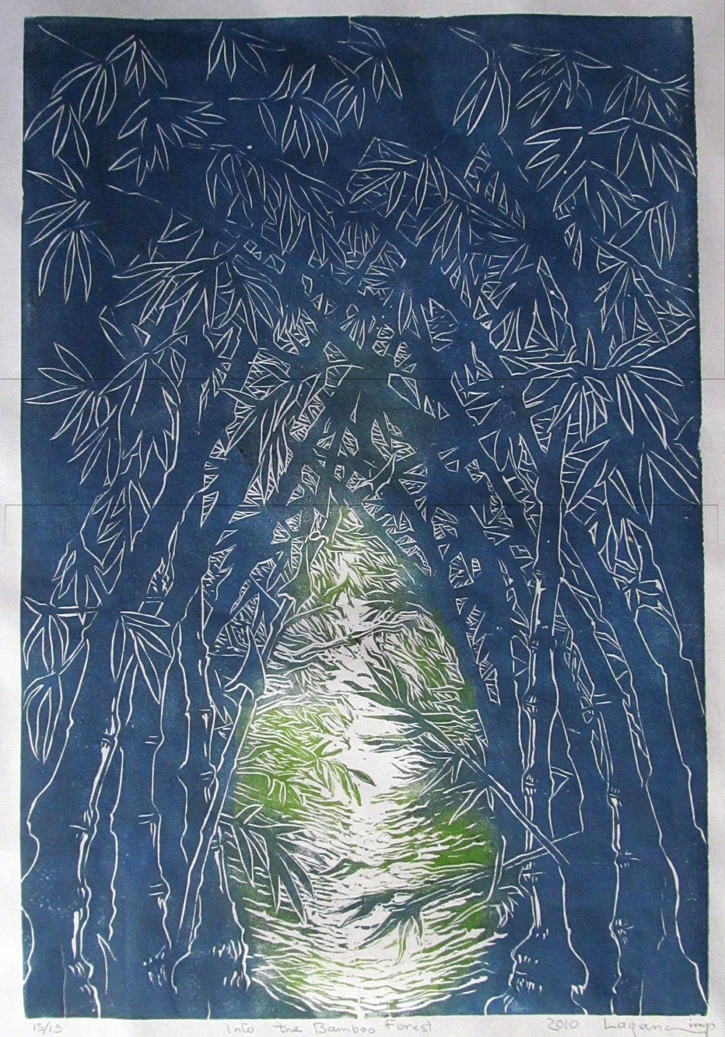 Into the Bamboo Forest", limited edition lino print, hand printed and signed in pencil by the aritst