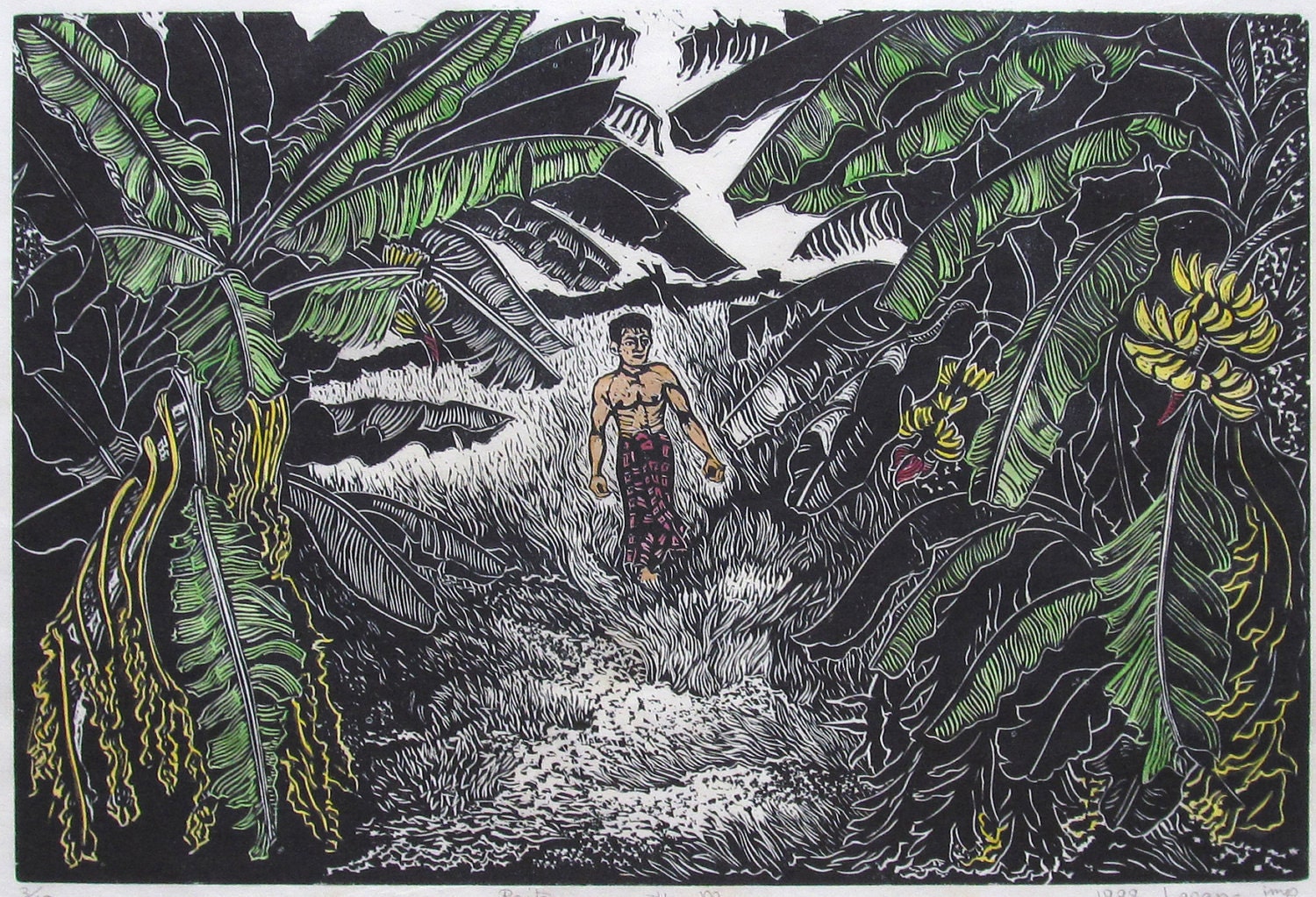 Paitoon Among the Bananas, hand printed, hand signed in pencil by the artist, Black and White linocut