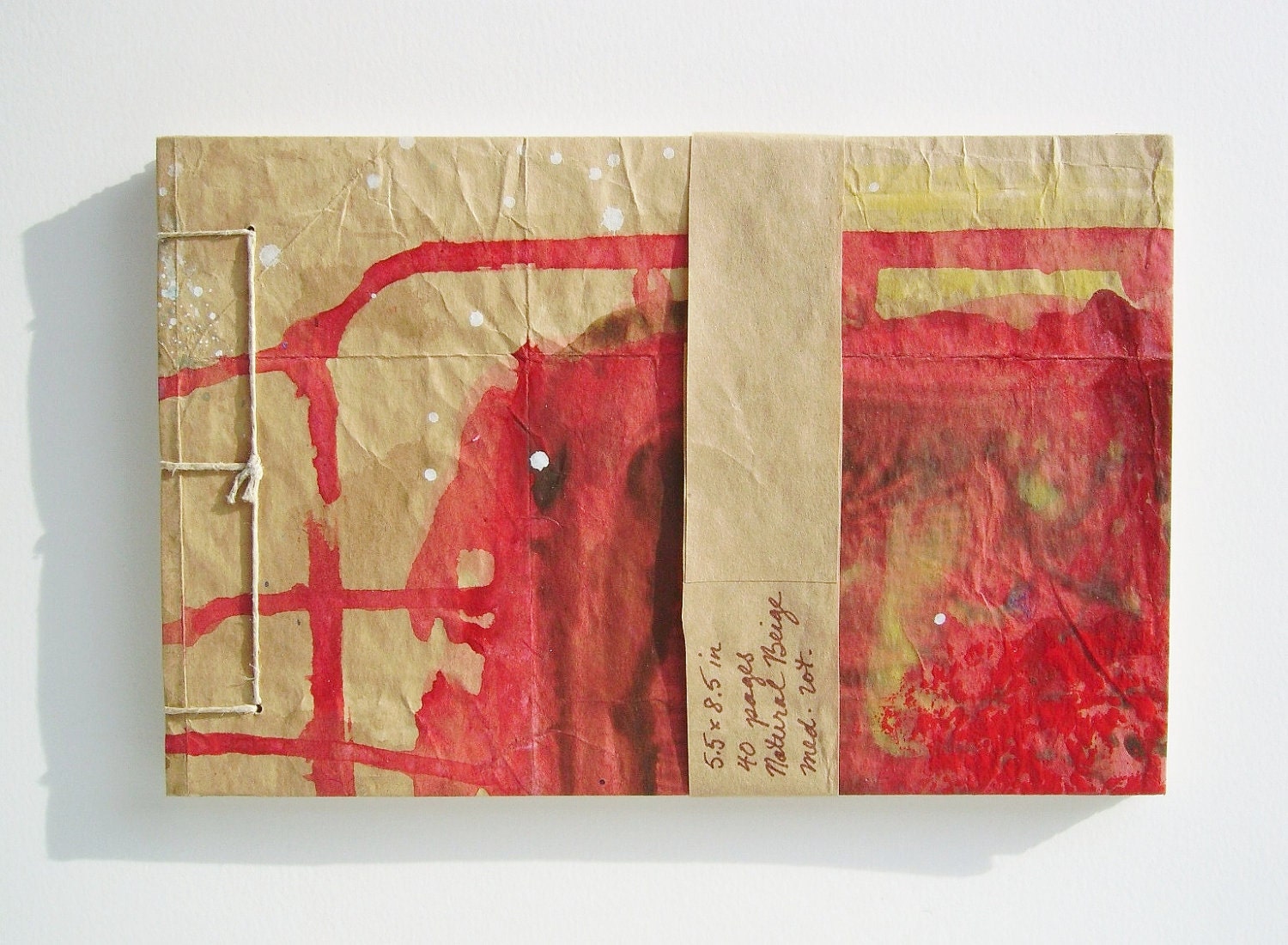 Red Wash Sketchbook - Recycled Materials - Painted Brown Paper Bag Cover - Stab Bound