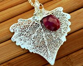 Genuine Sterling Silver Cottonwood Leaf Ruby Necklace - Real Electroplated Leaf with a Wire Wrapped July Birthstone GemStone