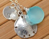 Initial Sand Dollar Necklace - Personalized Blue Chalcedony Sterling Silver freshwater pearl - Hand Stamped Initial