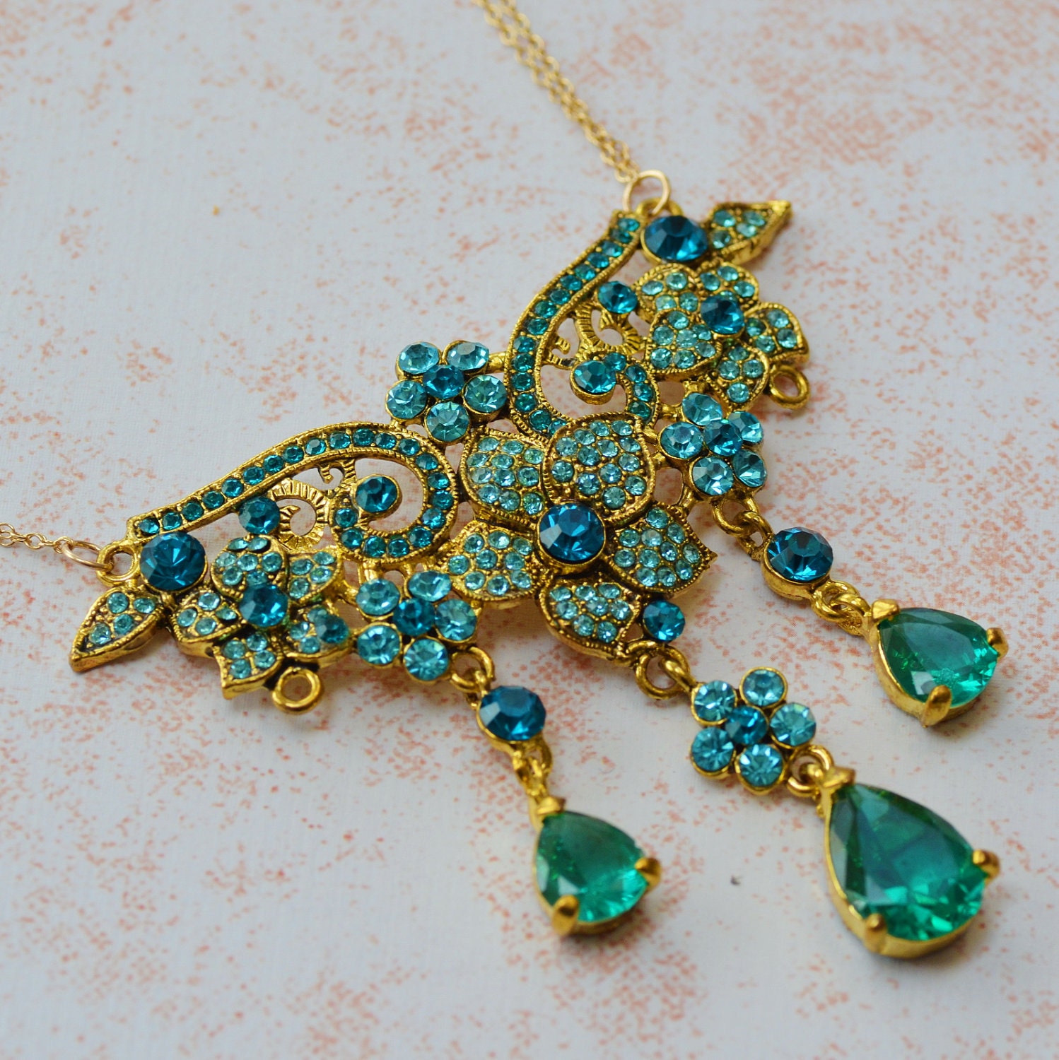 One of a Kind Gold Statement Necklace - Emerald Green Zircon - Vintage  14kt Gold Filled Chain OOAK