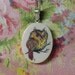 Vintage Owl On Branch Colored Scrimshaw Pendant with 18 inch Sterling Chain