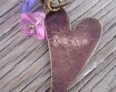 Necklace- xoxo hand stamped heart on Antique Brass Chain with glass flowers pearls crystals