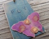 Mixed-media necklace- brass riveted butterfly hand stamped charm Fly and be free