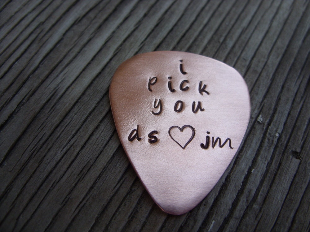 Custom gift hand stamped copper guitar pick 22 gauge- fun personalized gift for your favorite musician