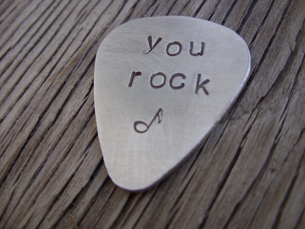 Hand stamped aluminum guitar pick- you rock- ready to ship