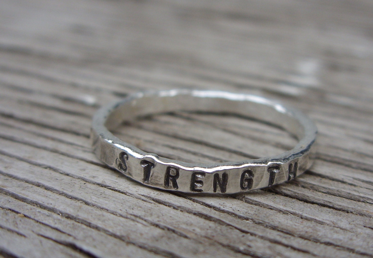 Fine silver hand stamped  stacker ring STRENGTH -size 7 ready to ship- one ring