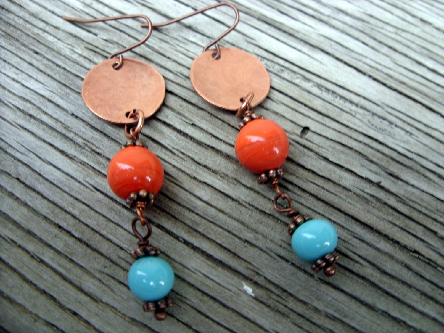 Bravo Boho Earrings copper discs, vintage turquoise and orange glass beads with copper earwires