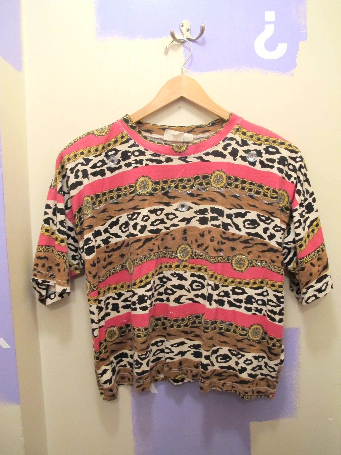 Wild Pattern Pink Chain and Leopard Striped 80s Tshirt Top