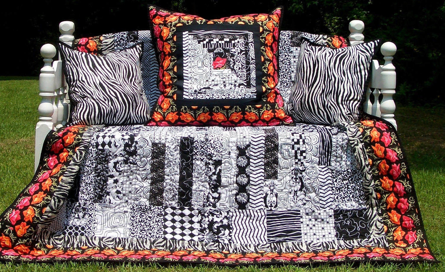 Bed Quilt and Pillows Black White Floral