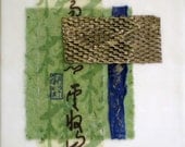 Stachowic original painting beeswax encaustic collage Asian blue green gold paper writing