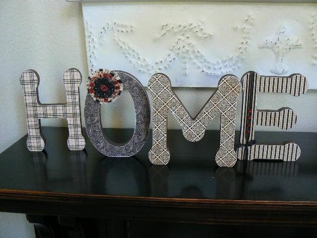Wooden Letters spell HOME... Designer Vintage Prints... Black, Red, Tan... Fabric Flower, Bling... Home Decor, Wall Hanging, Wedding Gift