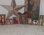 Wood Blocks spell out HARVEST... Designer Prints in Autumn colors... Burlap, Flowers, Tags... Thanksgiving Holiday Decoration, Home Decor