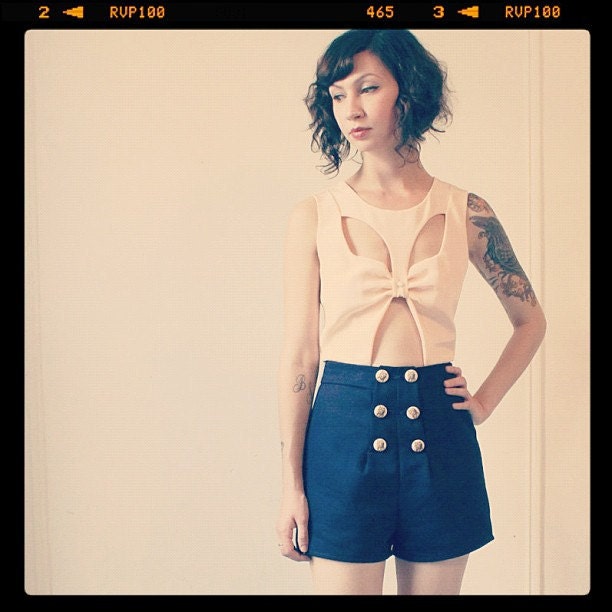 Sale - Here Kitty Kitty - High Waisted Shorts - Peach Size 2 - Ready To Ship