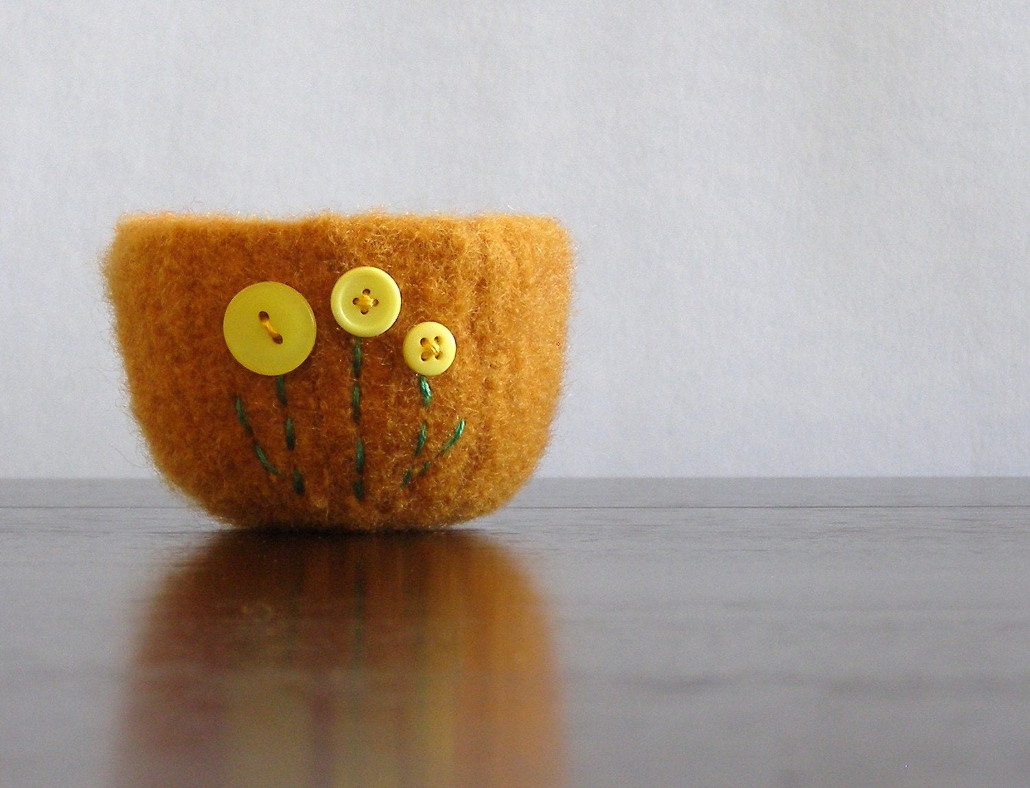 fall harvest- fuzzy felted pumpkin orange wool bowl with yellow flowers