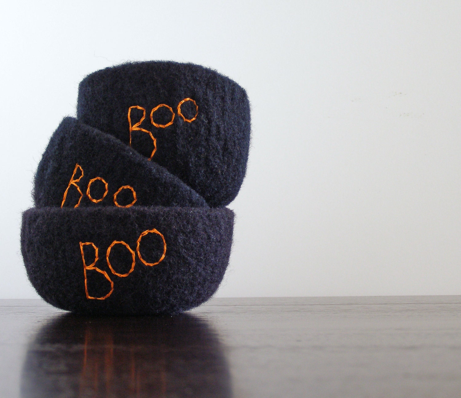 Halloween boo bowl - felted wool bowl in black with embroidered word "boo" in orange - decorate your office or home - candy bowl, container - theFelterie