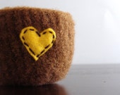 fuzzy felted chocolate brown wool bowl with golden eco felt heart - theFelterie
