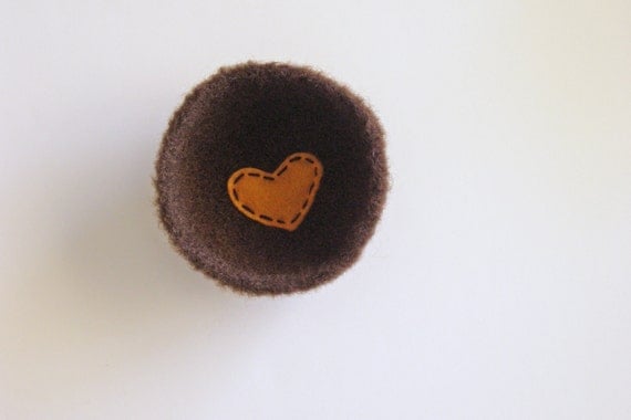 shallow wool bowl or dish- fuzzy dark coffee brown wool bowl with mustard yellow heart - anniversary gift, ring bearer bowl