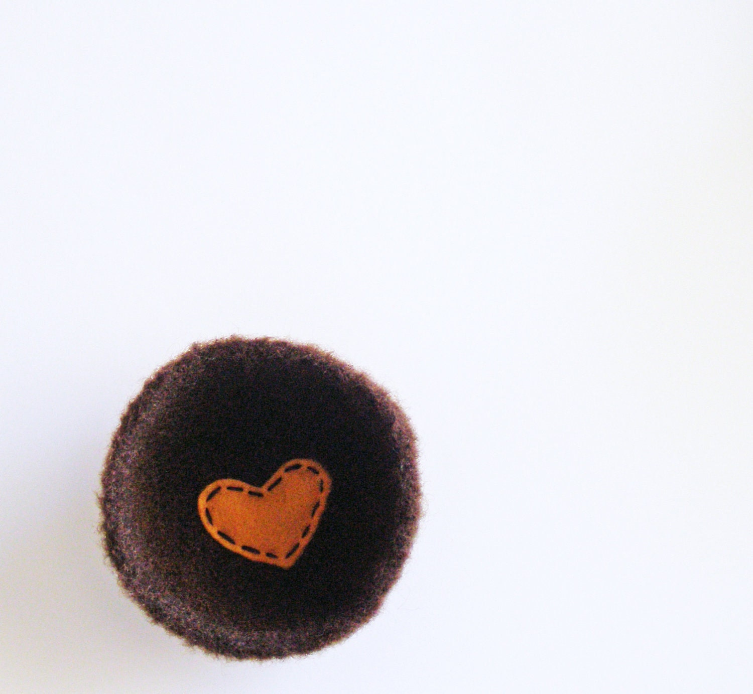 shallow wool bowl or dish- fuzzy dark coffee brown wool bowl with mustard yellow heart - anniversary gift, ring bearer bowl