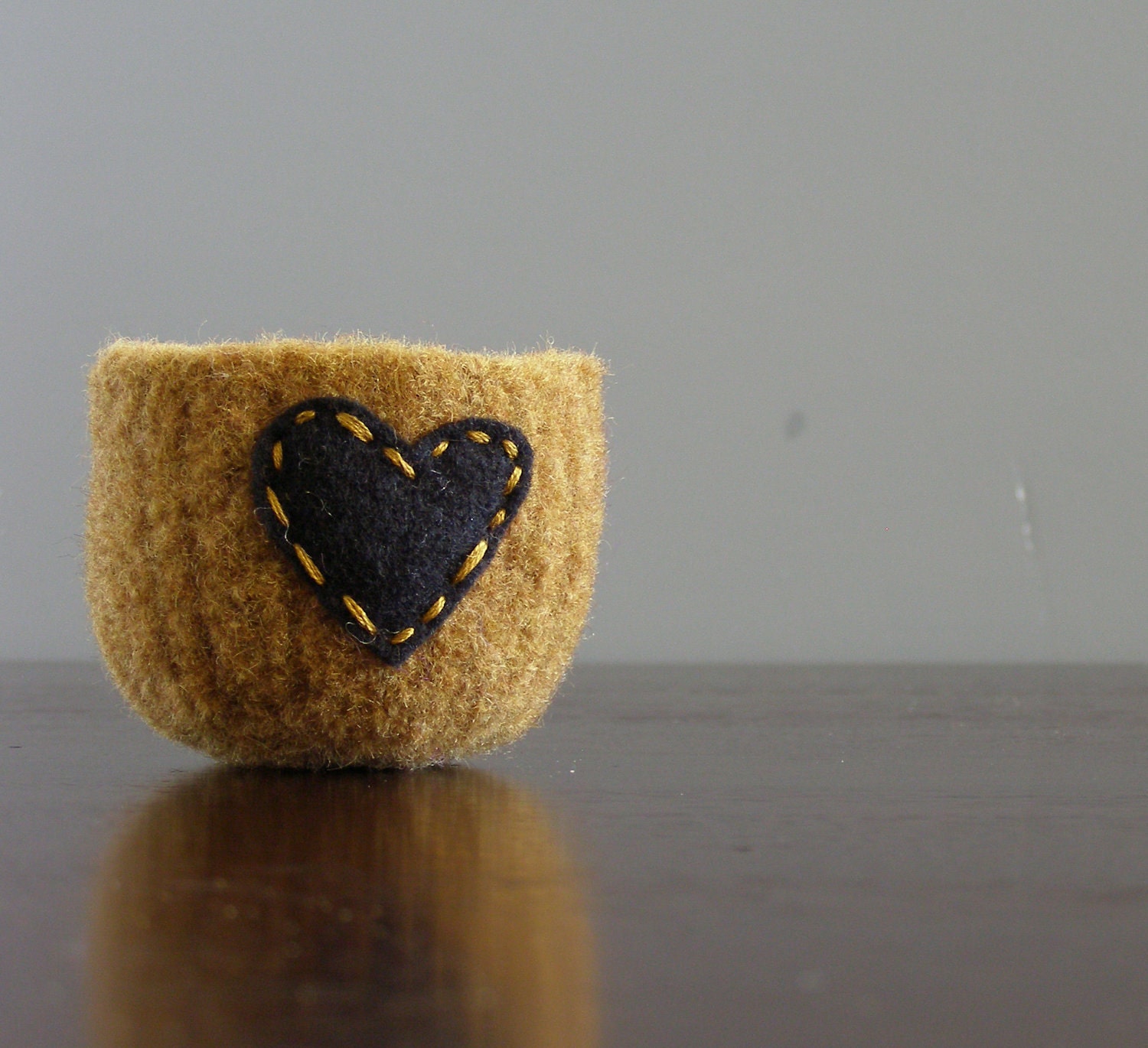 tiny felted bowl -fuzzy felted turmeric wool bowl with black eco felt heart - ring holder, catch all, mothers day gift