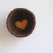 shallow wool bowl or dish- fuzzy dark coffee brown wool bowl with mustard yellow heart - anniversary gift, ring bearer bowl